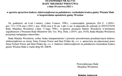 Stanowisko Rady Miejskiej Wrocławia w sprawie spalarni w Wiszni Małej (z dnia 18/06/2021)
