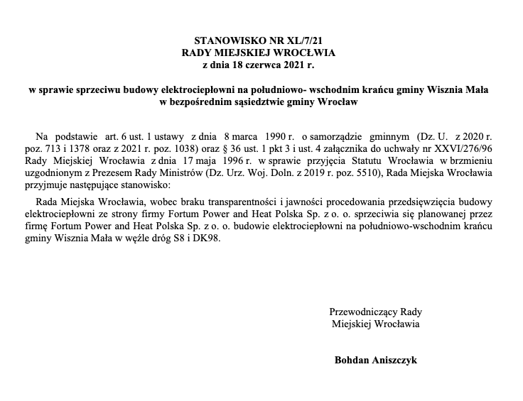 Stanowisko Rady Miejskiej Wrocławia w sprawie spalarni w Wiszni Małej (z dnia 18/06/2021)